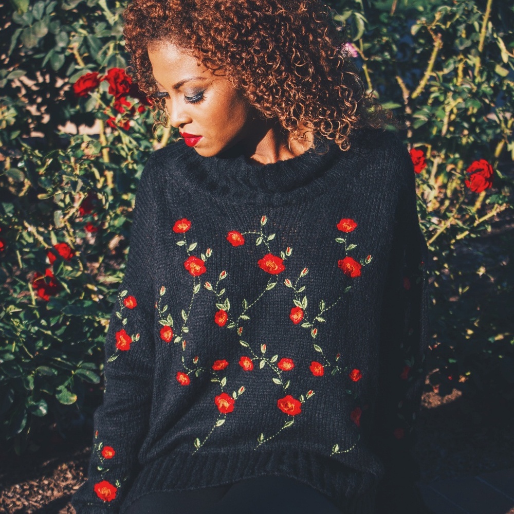 Black Turtleneck Sweater with floral embroidery